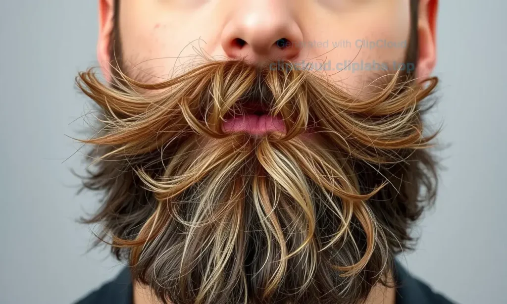 A close-up portrait of a man with a thick, well-groomed beard that is visibly frizzy and sticking out in multiple directions, illustrating the concept of a 'puffy' or unruly beard. The focus is on the texture and volume of the facial hair against a neutral background.
