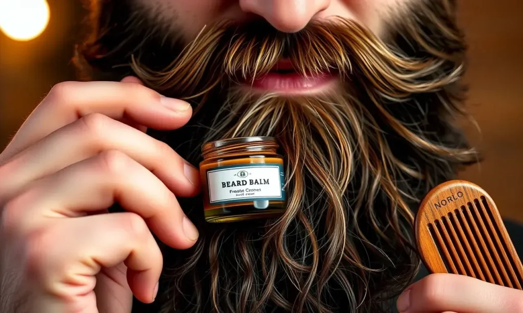A high-quality, close-up shot of a man's face with a well-groomed, full beard. He is holding a small, elegant glass jar of beard balm in one hand and a wooden comb in the other, demonstrating the product. The background is a soft, blurred studio setting with warm lighting, emphasizing the texture of the beard and the premium nature of the product. The image should convey a sense of daily care and sophistication.
