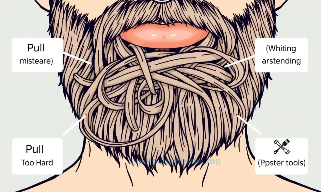 A close-up illustration showing a man's tangled beard with visible knots and clumps, demonstrating common mistakes like pulling too hard or using improper tools, with clear visual cues highlighting what to avoid during beard untangling, clean and detailed line art style