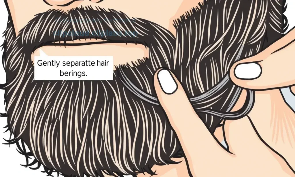 A close-up illustration showing a man's beard with tangled, knotted hair strands forming visible clumps, demonstrating how to gently separate and untangle the beard without causing damage, with clear visual guidance on proper technique to maintain a fluffy and attractive appearance