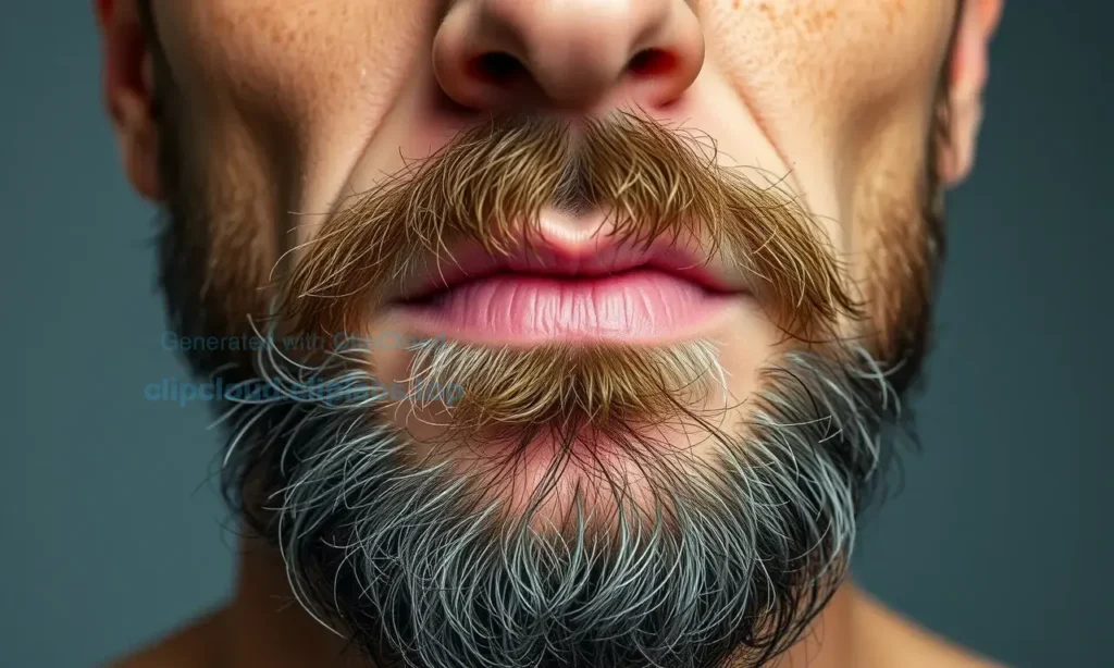 A close-up, high-quality photograph of a man's lower face and neck, focusing on the skin beneath the beard. The skin shows clear signs of dryness and flaking (desquamation), particularly around the jawline and chin, indicating irritation or a skin condition. The beard is well-groomed but the underlying skin texture is rough and peeling. The lighting is soft and natural, highlighting the texture of the skin. The background is a neutral, out-of-focus blur to keep the focus on the skin condition.