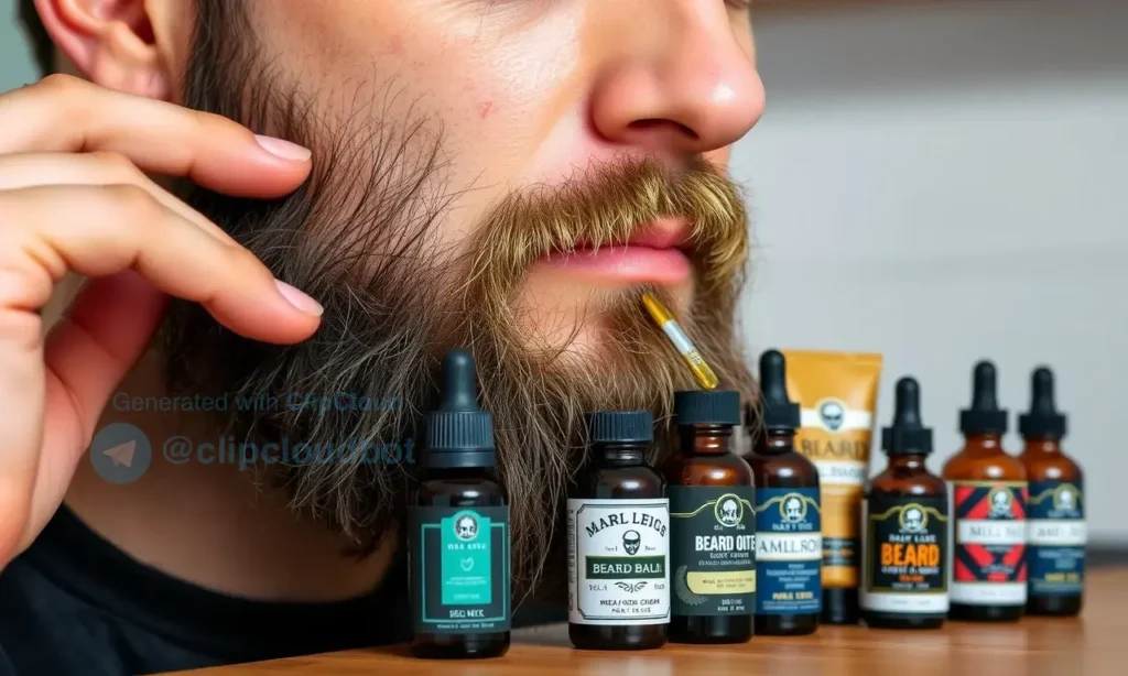 A close-up image of a man in the early stages of growing a beard, with visible stubble. The man is applying a beard softening product, such as beard oil or balm, to his facial hair. The scene should include a variety of popular beard softening products displayed on a table or countertop, such as beard oils, balms, and creams. The image should convey a sense of care and grooming.