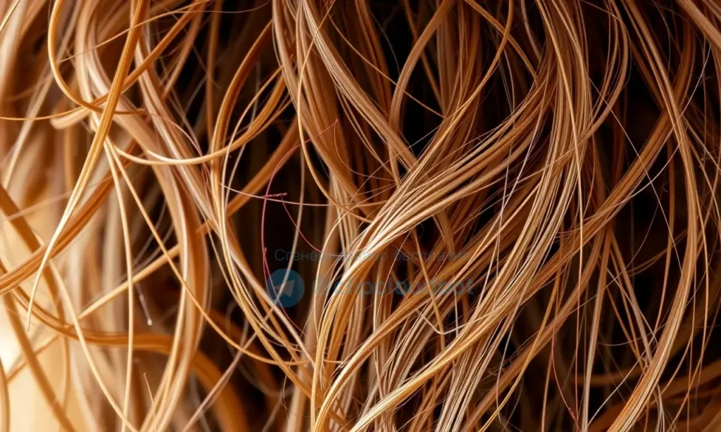 A close-up, detailed image of a person's hair, specifically focusing on tangled strands. The hair should be a medium brown color, slightly messy and with visible knots and clumps. The lighting should be soft and natural, highlighting the texture and complexity of the tangle.