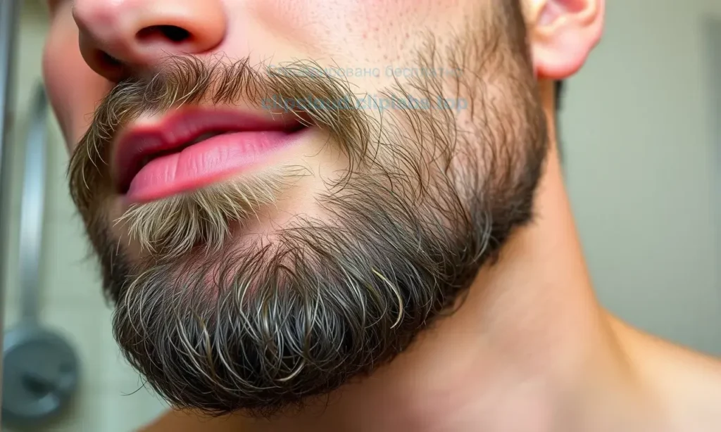 A close-up, high-resolution photograph of a man's lower face and neck, focusing on the skin beneath a well-groomed beard. The skin shows signs of dryness and flaking (desquamation), particularly around the jawline and chin area, indicating irritation or a skin condition. The lighting is soft and natural, highlighting the texture of both the beard and the affected skin. The background is a neutral, out-of-focus bathroom setting.