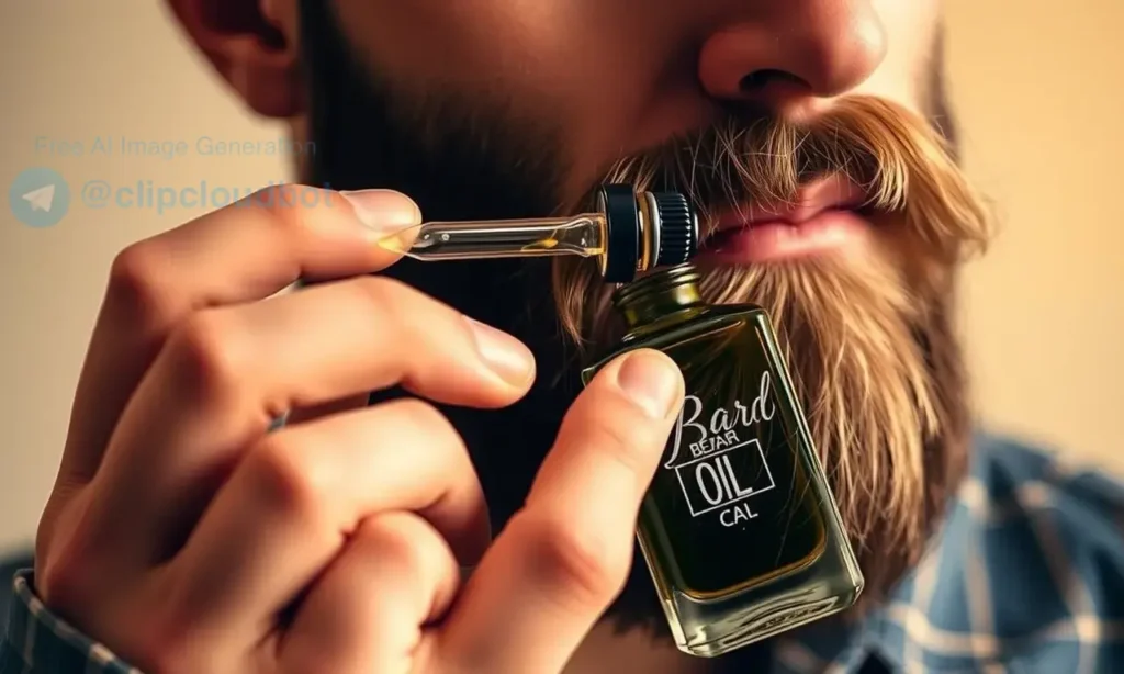 A close-up, high-quality shot of a man with a well-groomed beard applying beard oil. He is holding a small dropper bottle and carefully applying the oil to his beard, with a few drops visible on his fingers. The background is a soft, neutral blur to keep the focus on the action. The lighting is warm and highlights the texture of the beard and the sheen of the oil.