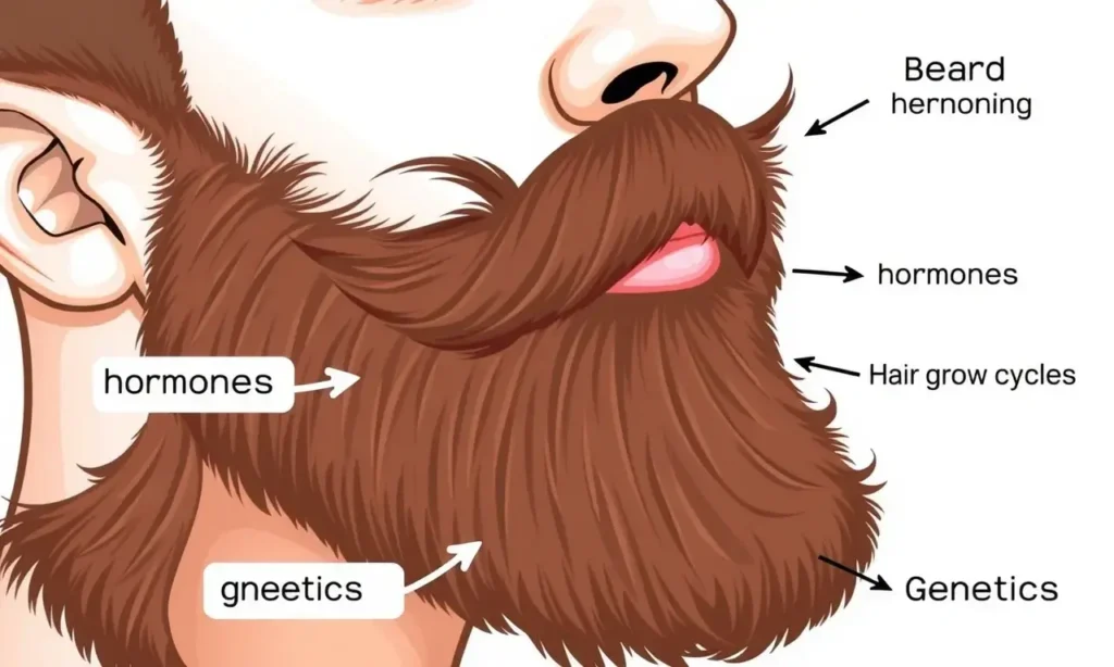An infographic-style illustration showing a man's face with a beard that is fluffy and sticking out in various directions, with arrows pointing to different parts of the beard and small text labels explaining causes like hormones, hair growth cycles, and genetics, clean white background, educational and clear visual style