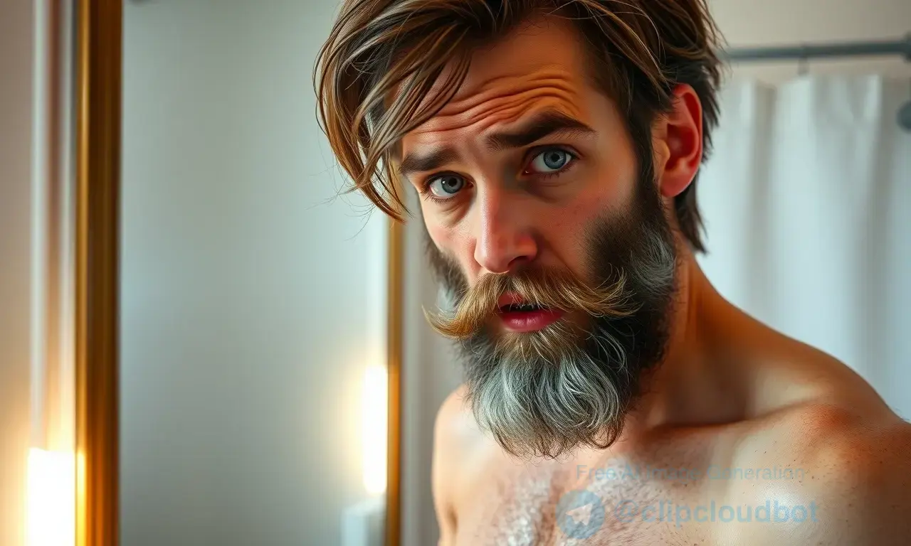 A man with a messy beard after waking up, looking disheveled and groggy, with tousled hair and a slightly unkempt appearance, standing in front of a mirror in a bathroom, soft morning light, realistic style