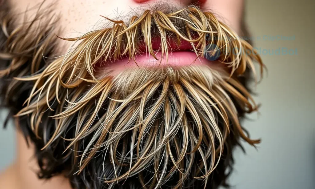 A close-up of a well-groomed beard with visible split ends on individual hairs, showing dry, frayed tips without any cutting or trimming tools present; soft natural lighting highlights the texture, emphasizing the problem of split ends while maintaining a healthy, full beard appearance; background is blurred and neutral to focus attention on the beard strands