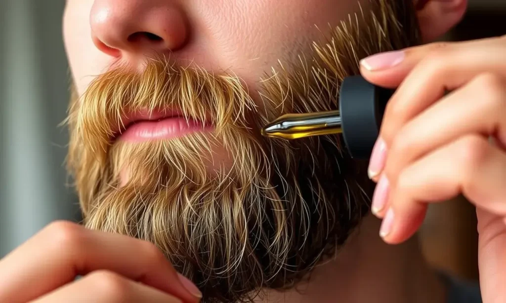 A close-up, high-quality shot of a man with a well-groomed beard applying beard oil. He is holding a small dropper bottle and carefully applying the oil to his beard. The focus is on the action of application and the texture of the beard. The lighting is soft and natural, highlighting the sheen of the oil.