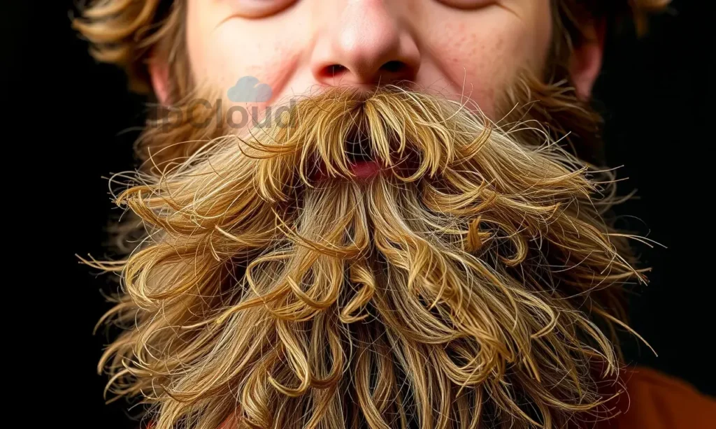 A close-up portrait of a man with a thick, bushy beard that is naturally fluffy and sticking out in various directions. The beard should have a wild and unkempt appearance, showcasing its natural texture and volume. The man should have a neutral or slightly amused expression, highlighting the natural and rugged look of his beard.