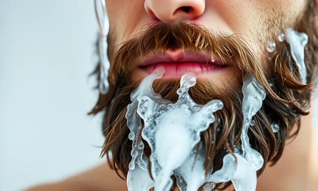 A close-up shot of a man's face, focusing on his beard. He is in the process of washing his beard with water and a gentle cleanser, creating a rich lather. The water is clear, and the action is depicted as clean and effective, with no visible residue or film left on the beard after rinsing. The lighting is bright and natural, highlighting the texture of the beard and the clarity of the water.