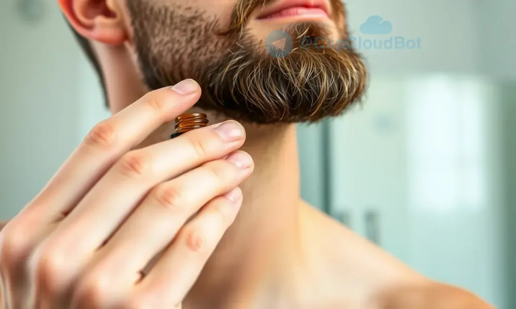 A close-up, high-quality shot of a man with a well-groomed beard applying a few drops of beard oil from a small glass dropper bottle onto his skin. The focus is on the application process, highlighting the texture of the oil and the skin. The background is a clean, neutral bathroom setting, slightly blurred to emphasize the subject. The lighting is soft and natural, creating a calm and professional atmosphere.