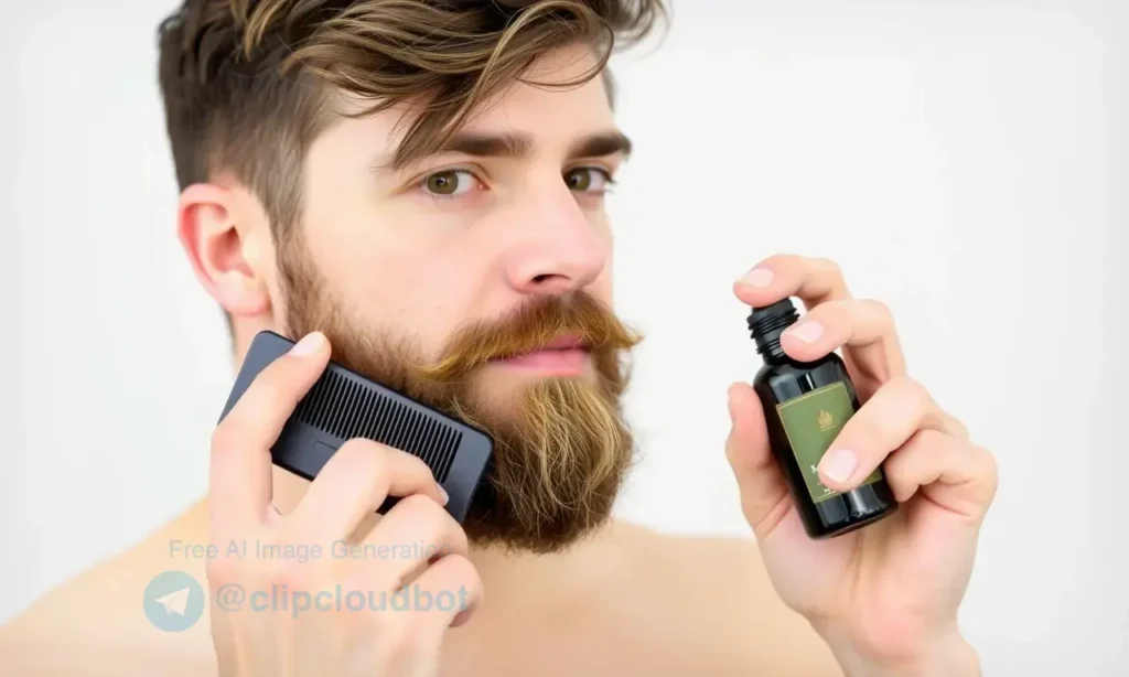 A man grooming his beard with a comb and beard oil, showing healthy skin and a well-maintained beard. The background is clean and minimalistic to emphasize proper grooming habits.