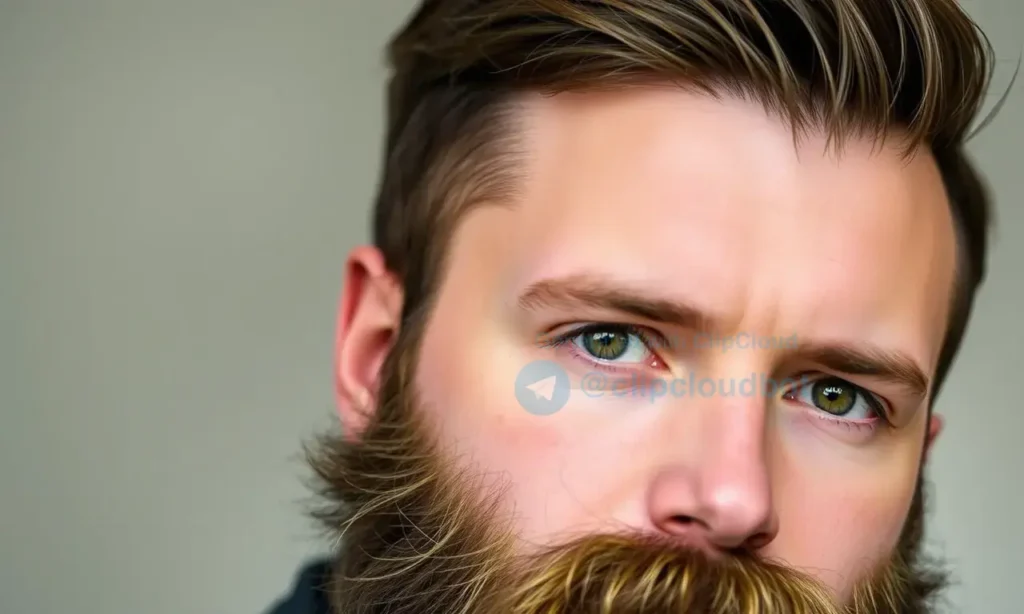 Close-up portrait of a man with a thick, well-groomed beard. The beard should appear dense and textured, contrasting with the short hair on his head. Focus on the beard's texture and individual hairs. The man should have a neutral expression, looking directly at the camera. Soft, natural lighting.