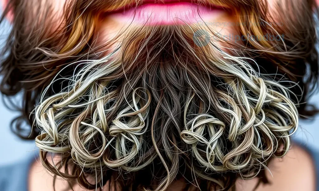 A close-up image of a well-groomed beard with dry ends, highlighting the contrast between the healthy, moisturized parts of the beard and the dry, brittle ends. The beard should be depicted in a natural, realistic manner, with attention to the texture and condition of the hair. The background should be neutral and uncluttered to keep the focus on the beard.