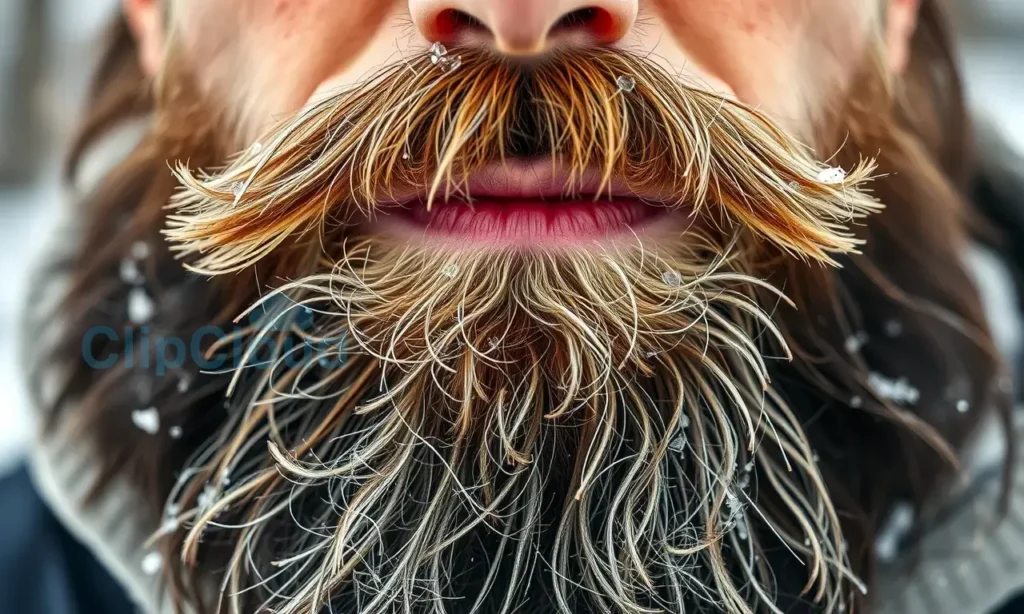 A close-up, high-quality shot of a man's beard in winter conditions. The image should clearly show the effects of static electricity, such as individual hairs standing up or frizzing, to illustrate the problem. The background should be a soft, out-of-focus winter scene, perhaps with a hint of snow or cold air, to set the context. The lighting should be natural and clear, highlighting the texture of the beard and the static effect.