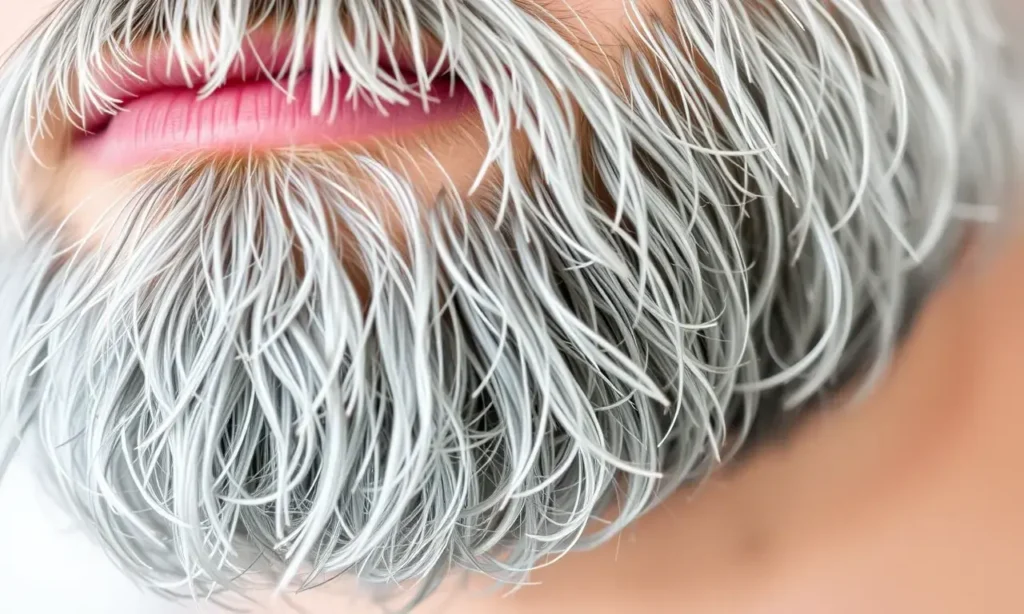 A close-up of a gray beard with natural, even texture and color, free of yellowing or discoloration. The beard appears healthy, well-groomed, and naturally gray without any artificial tones or stains. Soft lighting highlights the natural hair strands and skin underneath.