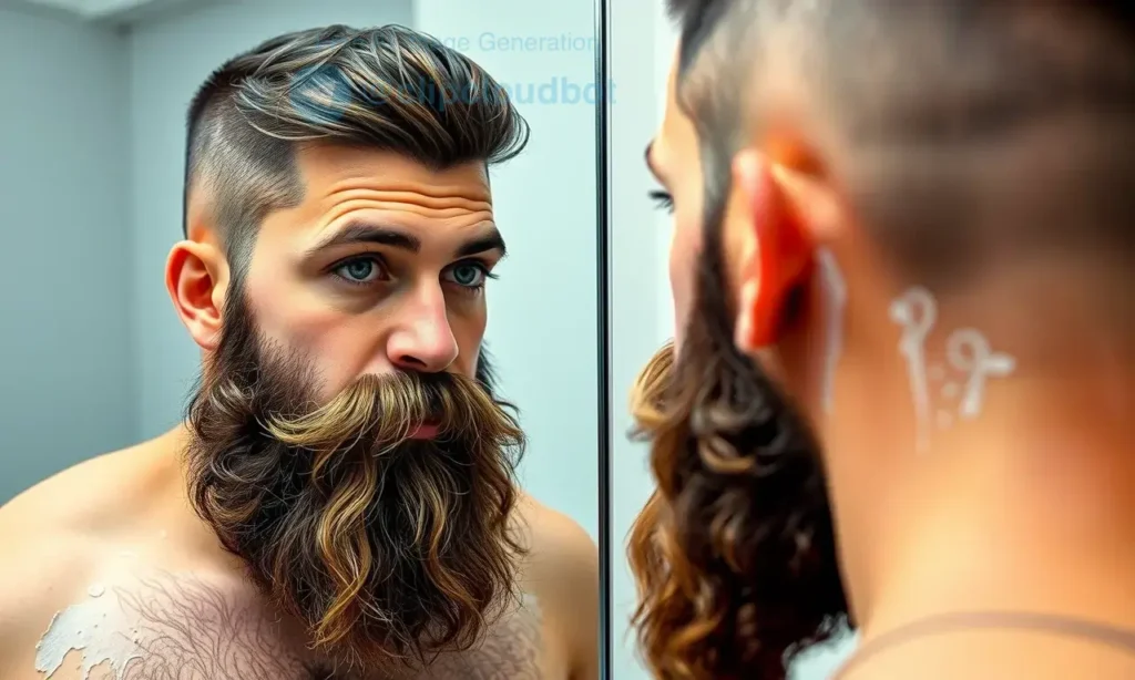 A man with a full beard looking at his reflection in a mirror where his face is shaved, symbolizing the myth vs reality of beard rarity after shaving