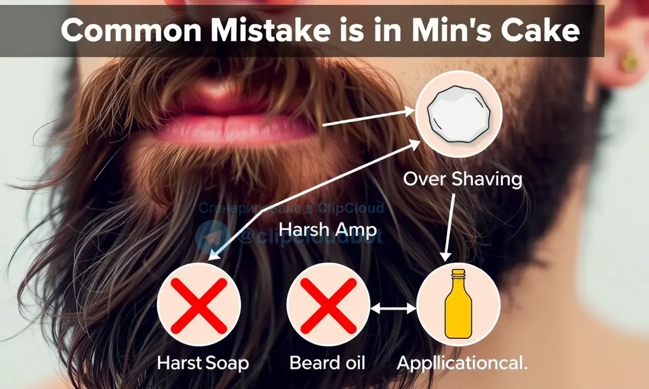 A close-up image depicting common mistakes in men's beard care, focusing on skin irritation and damage. Show examples like over-shaving, harsh soaps, and improper beard oil application. The image should illustrate the negative effects on skin health.