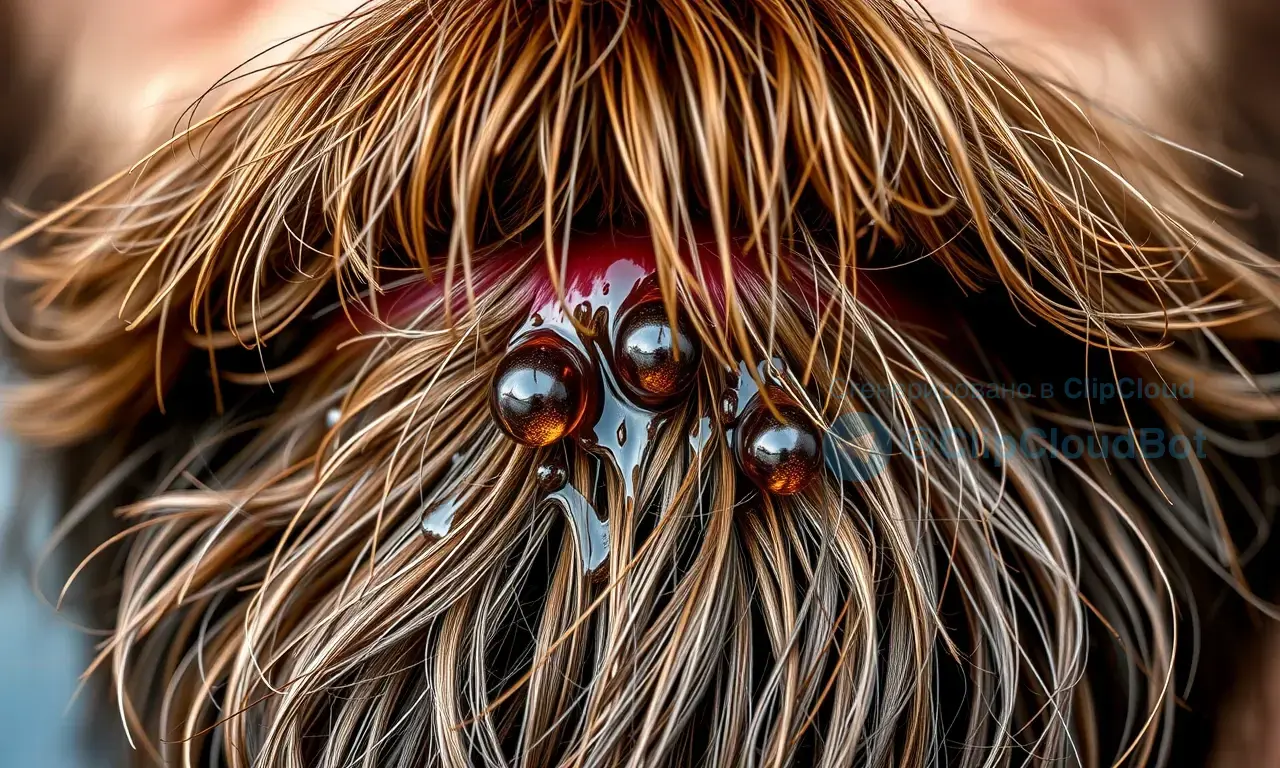 A close-up of a man's beard with visible oil droplets that are not absorbed, showing a shiny, greasy surface on the beard strands, realistic texture, natural lighting, high detail, no text or symbols