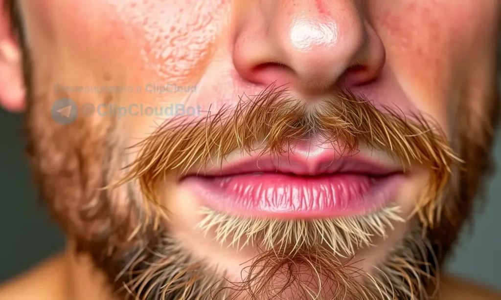A close-up of a man's face with a well-groomed beard, showing dry skin texture, subtle redness, and natural lighting that highlights skin condition, realistic skin details without text or symbols