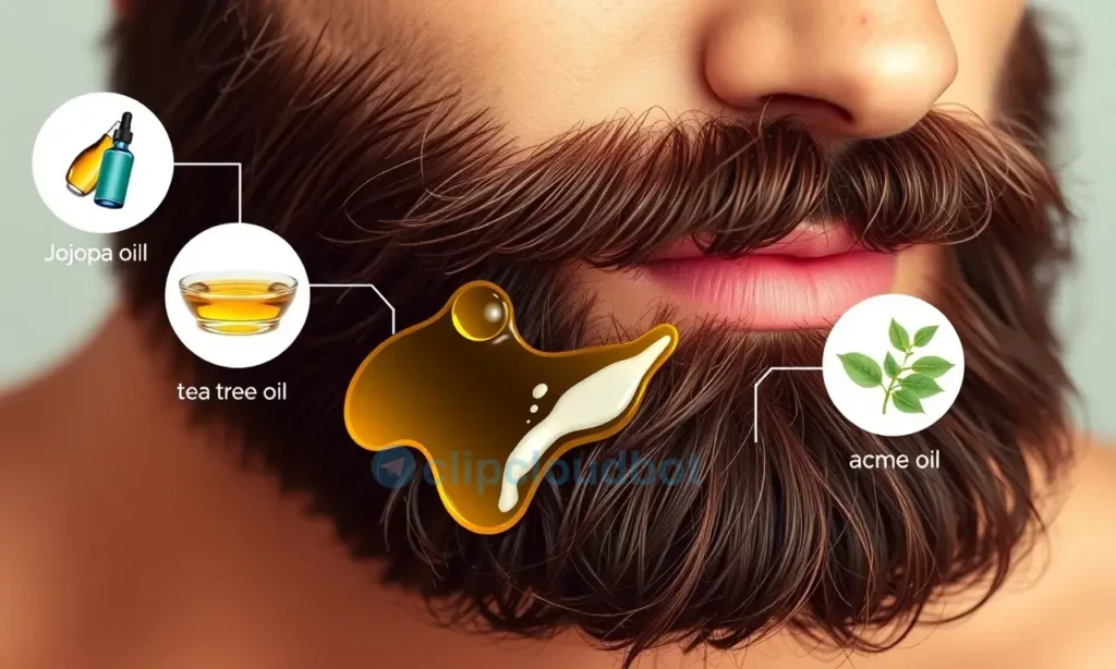 A close-up illustration of a man's beard with healthy skin underneath, showing natural oils gently spreading through the facial hair, with a subtle emphasis on non-comedogenic ingredients like jojoba and tea tree oil in the background as soft botanical elements, no acne lesions or irritation visible