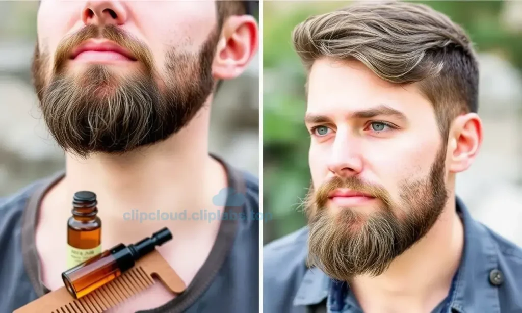 A man with a neatly trimmed beard preparing it for growth, showing the process of beard maintenance and care. Include elements like beard oil, a comb, and a clean, healthy-looking beard. Depict the man in a natural setting, possibly outdoors, with a focus on grooming tools and the beard itself. Show the transition from a trimmed beard to a fuller, well-maintained beard over time.