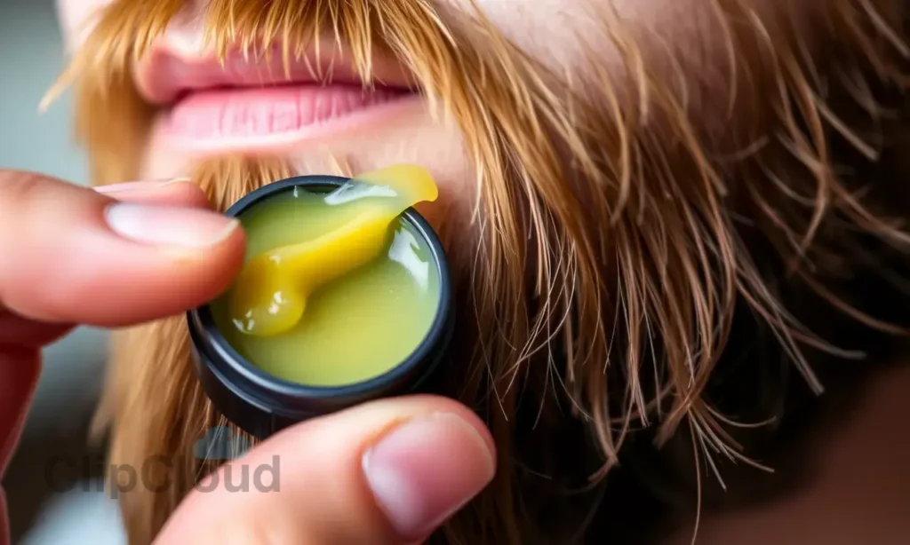 A close-up, detailed image of beard wax being applied to a man's beard. The wax should be in a small container, and the man's beard should be slightly textured and styled. Focus on the texture of the wax and how it adheres to the beard hairs.