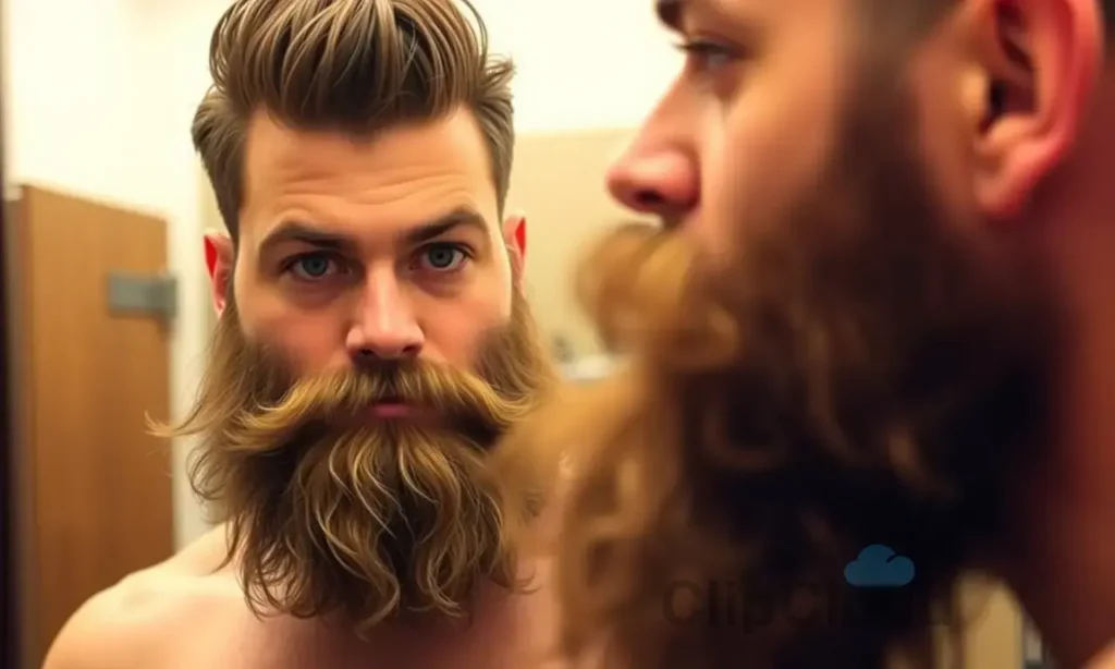 A man with a full, thick beard is looking in a mirror. The beard is slightly messy and has a natural, textured appearance. The lighting is soft and warm, highlighting the beard's details. Focus on the beard's texture and volume.