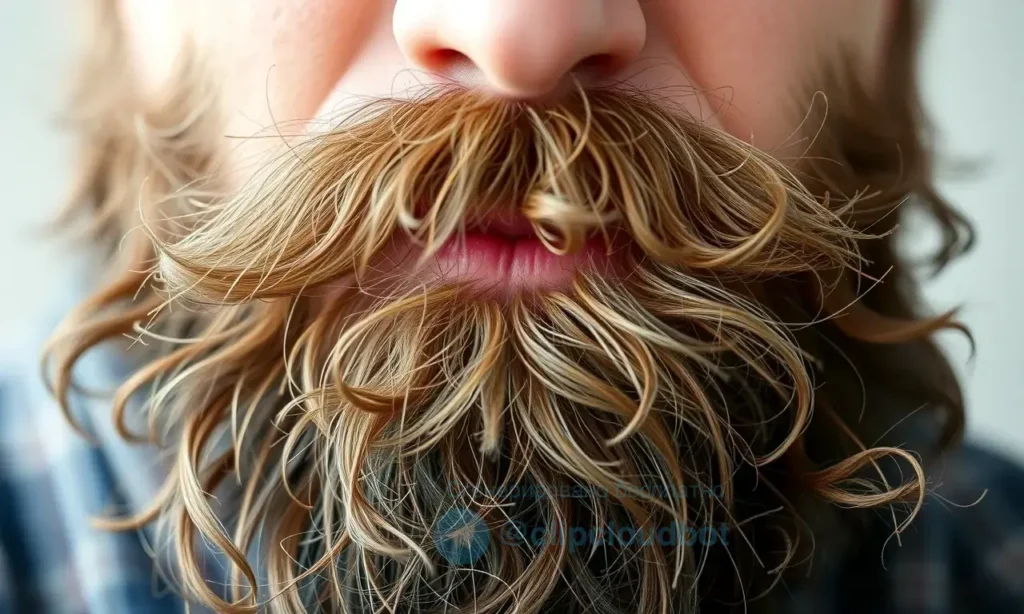 A close-up shot of a man's beard after it has been recently styled. The beard appears slightly messy and unkempt, with some strands falling loose. The lighting should be natural and highlight the texture of the beard. Focus on the beard's condition and the contrast between the styled appearance and the current state.