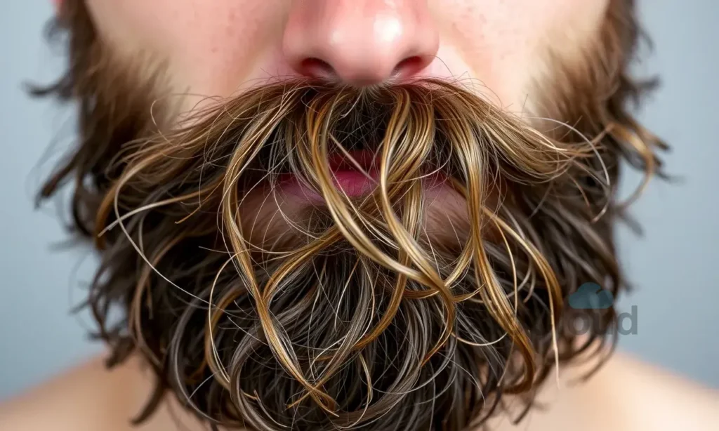 A close-up of a tangled beard with knots and clumps, showing strands twisted together and matted in patches, on a neutral background, soft natural lighting, realistic skin texture visible underneath, no facial expression emphasized, focus on hair texture and tangles