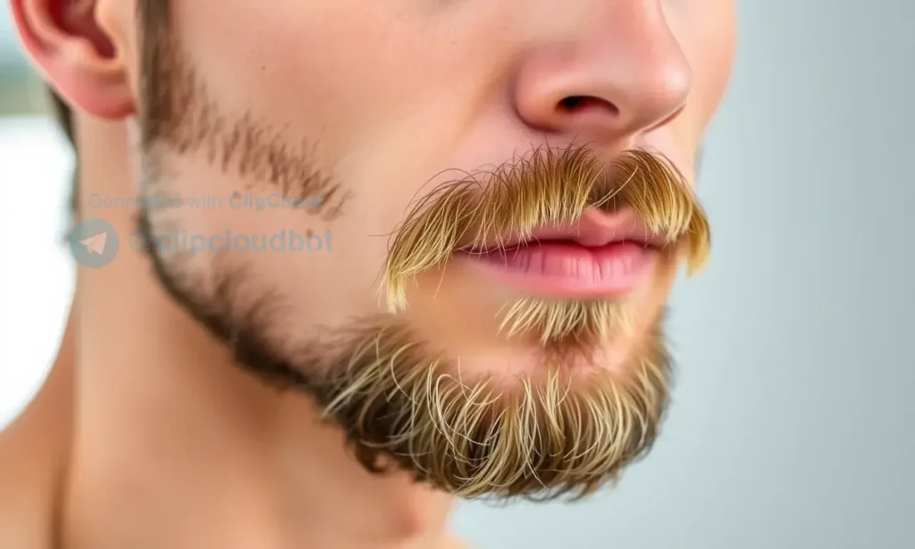 A close-up portrait of a man with a well-groomed beard, focusing on the beard's dry tips. The beard should appear slightly rough and dry at the ends, contrasting with the healthy skin on the face. The man should have a neutral expression, and the lighting should highlight the texture of the beard. The background should be blurred to keep the focus on the beard and skin.