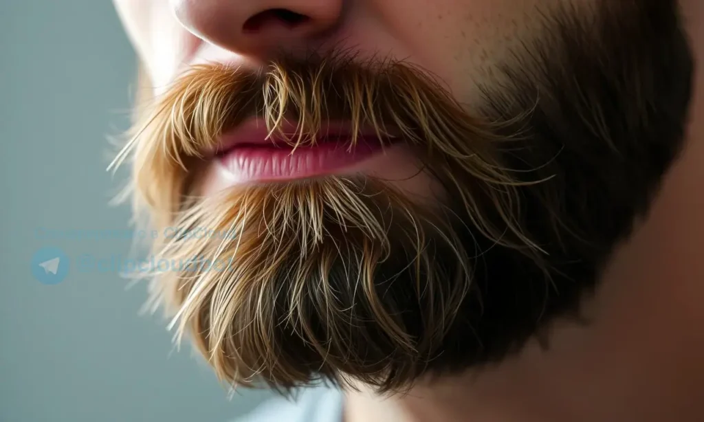 A close-up shot of a man's beard after it has been freshly styled. The beard is slightly messy, with some strands falling forward, indicating it hasn't been meticulously groomed. The lighting should be soft and natural, highlighting the texture of the beard. Focus on the beard itself, with a blurred background.