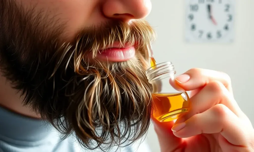 A close-up of a well-groomed man's beard being gently massaged with a few drops of clear beard oil from a small glass bottle, showing the oil glistening on the hair strands. The scene includes a subtle visual cue of a simple daily routine, such as a faint outline of a calendar or clock in the background, without any readable text. The lighting is soft and natural, emphasizing the healthy shine of the beard and the smooth application motion.