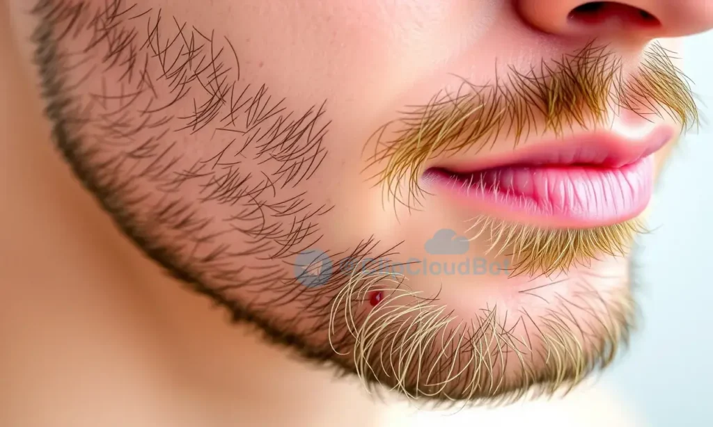 Close-up image of a man with a short beard. The skin under the beard appears slightly irritated and congested, with subtle redness. Focus on the texture of the skin and the beard hairs. Soft, natural lighting.