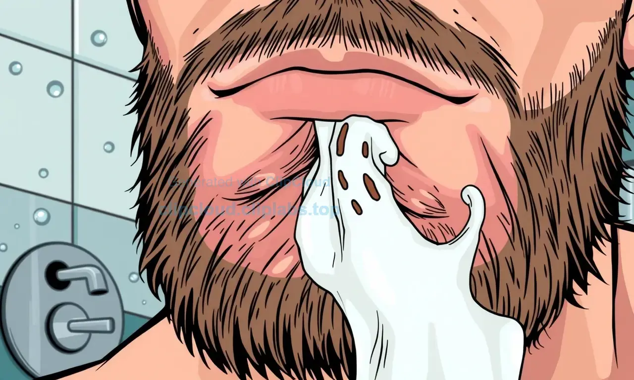 A close-up illustration showing human skin under a beard that is peeling or flaking after taking a shower, with visible dry patches and loose skin strands, set against a bathroom background with steam or water droplets, in a clear, detailed comic book style