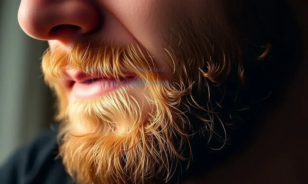 A close-up, high-quality shot of a man's face with a well-groomed beard, focusing on the texture and softness of the facial hair. The lighting should be warm and inviting, highlighting the smoothness of the beard to visually represent the concept of a softened, non-irritating beard for a partner.
