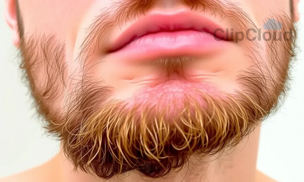 A close-up of a man's face with a beard, showing dry and flaky skin underneath the beard after taking a shower. The skin should appear slightly red and irritated, with visible flakes. The beard should be well-groomed but not covering the flaky skin completely. The background should be neutral and not distracting, focusing on the skin condition.
