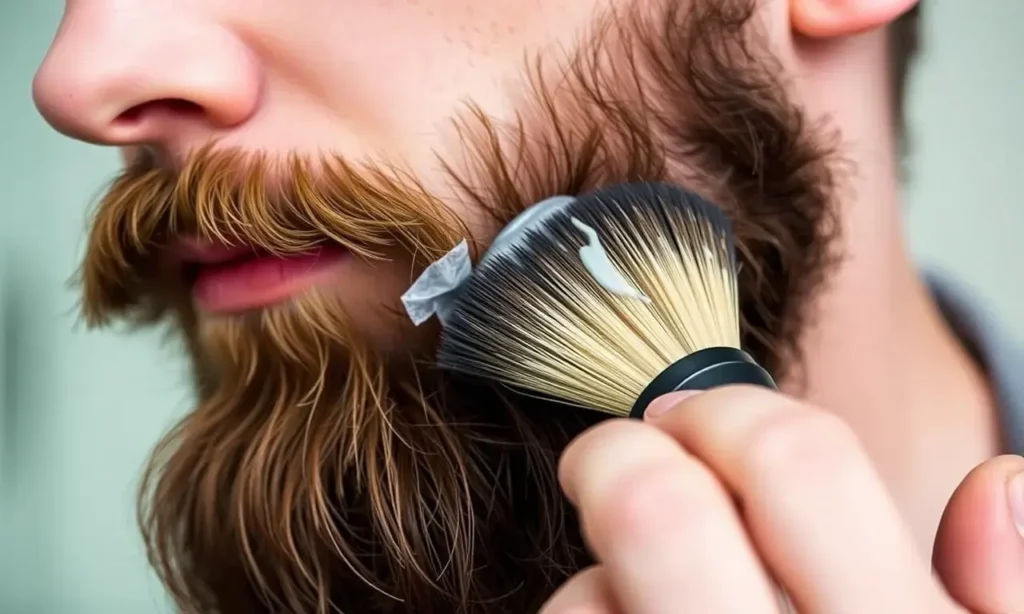 A close-up shot of a man applying beard wax to his beard. The beard is well-groomed and styled. The wax is being applied with a brush. The background is blurred, focusing on the man and his beard.
