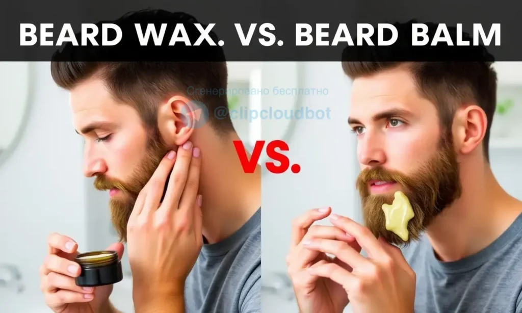 A high-quality, split-screen comparison image showing the difference between beard wax and beard balm. On the left side, a man is applying a thick, matte-finish wax to his beard, with a small tub of wax nearby. On the right side, a different man is applying a glossy, conditioning balm to his beard, with a jar of balm visible. The background should be a clean, modern bathroom setting. The image should clearly illustrate the texture and application difference between the two products for daily bea