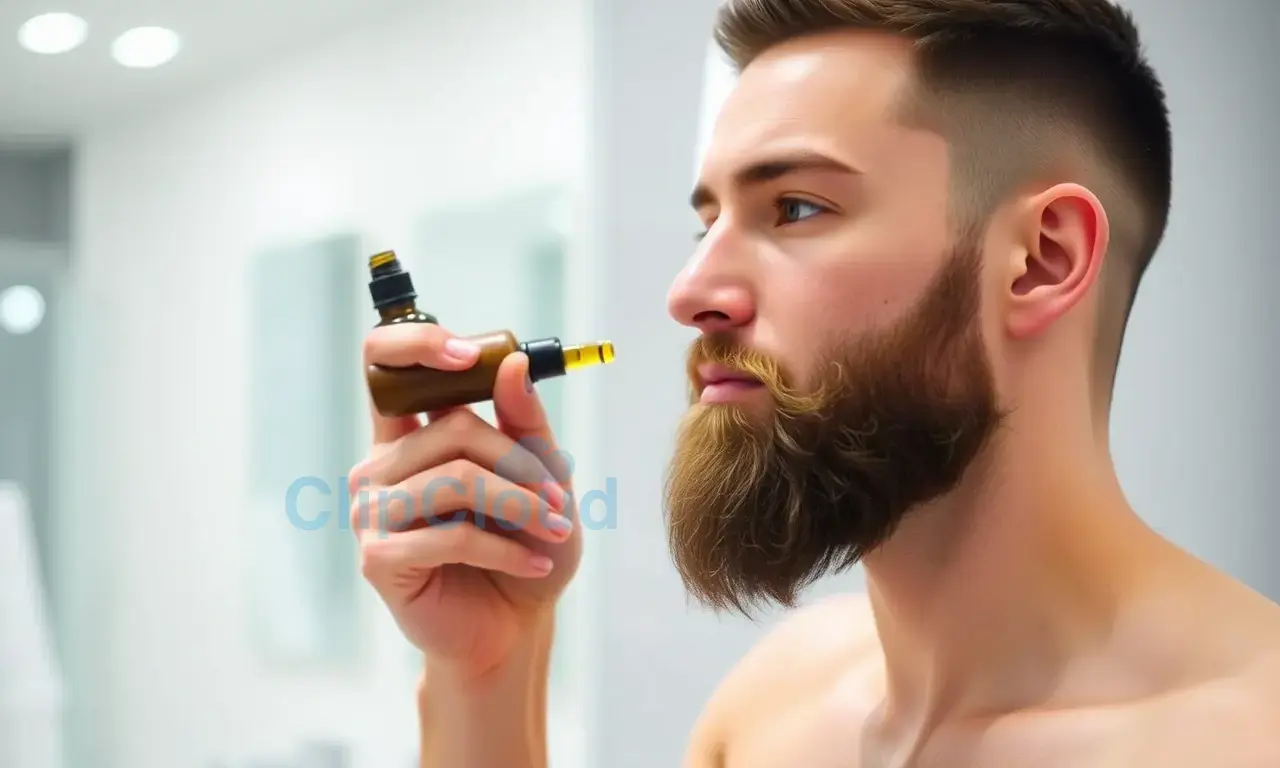 A well-groomed man with a short beard, demonstrating proper beard care techniques. The man is using a beard brush and beard oil, showing the steps to maintain a healthy and itch-free beard. The setting is a clean and modern bathroom with good lighting.