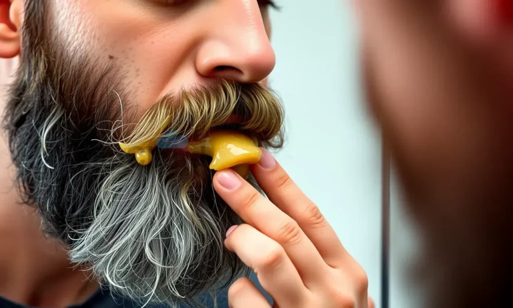 A close-up shot of a man applying beard wax to his beard. The man is looking in a mirror, demonstrating the correct application technique. Focus on the wax being smoothed onto the beard, showing the texture and consistency.