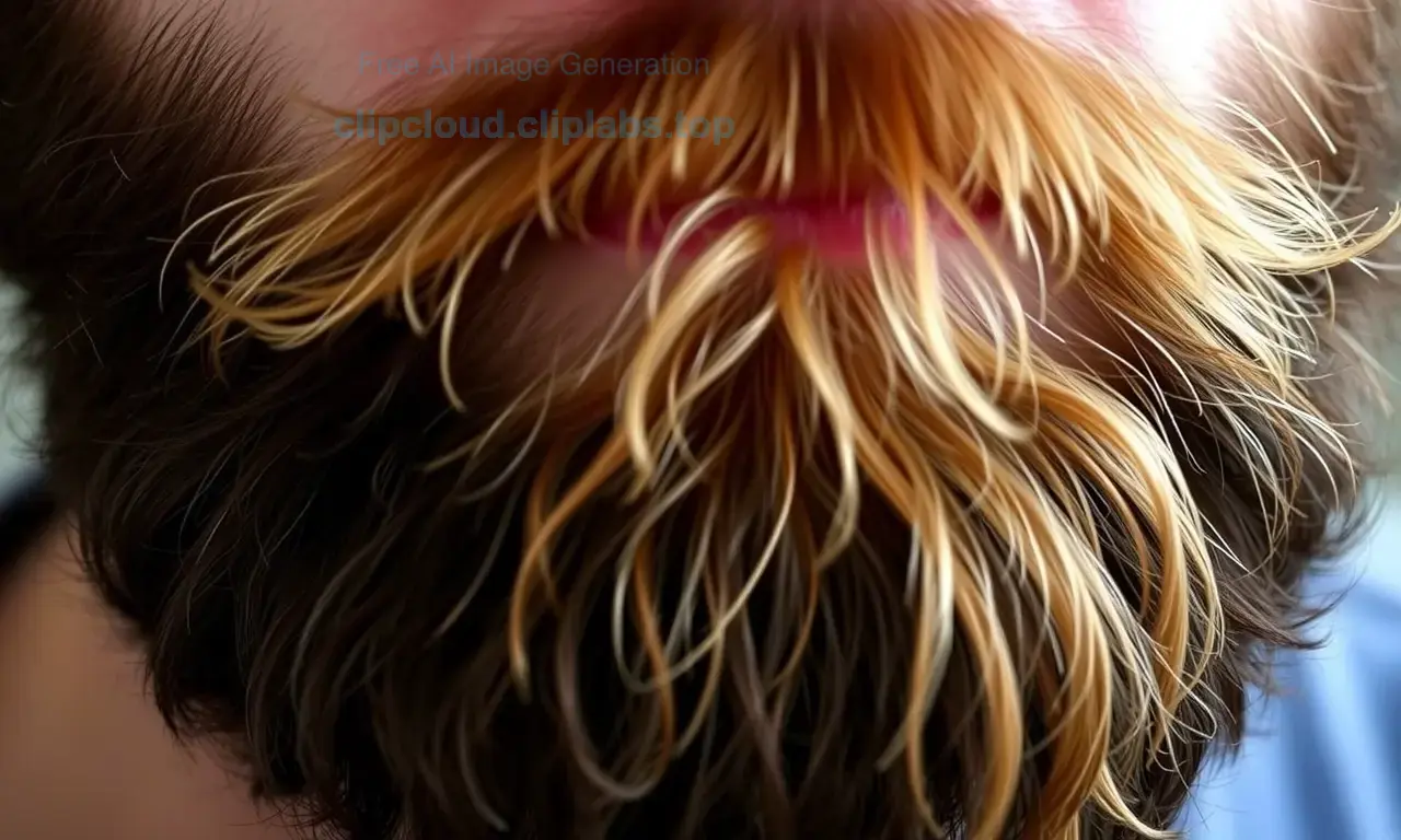 A close-up portrait of a man's beard showing a natural gradient: the roots are dark brown, gradually transitioning to a lighter, almost blonde hue at the tips, with realistic shading and texture.
