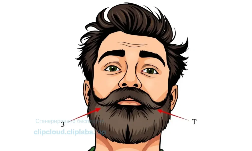 A close-up illustration of a man's face showing a beard that is puffy and sticking out in various directions, with individual hairs clearly visible in different directions, set against a plain background, in the style of a detailed instructional diagram