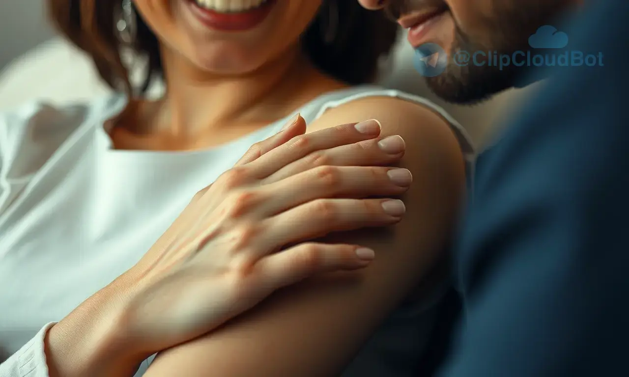 A close-up, realistic depiction of a man gently stroking a woman's arm. The woman has a soft, relaxed expression. Focus on the texture of the woman's skin and the man's hand. The background is blurred and indistinct, suggesting intimacy and comfort.