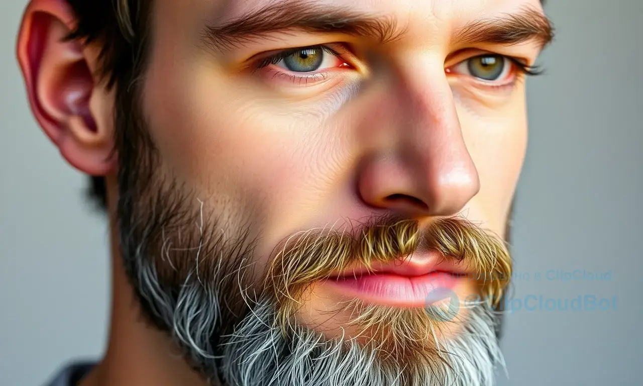 A close-up of a mature man in his 30s with a well-groomed beard, showing healthy skin texture and natural facial hair, soft natural lighting, realistic detail, no text or symbols