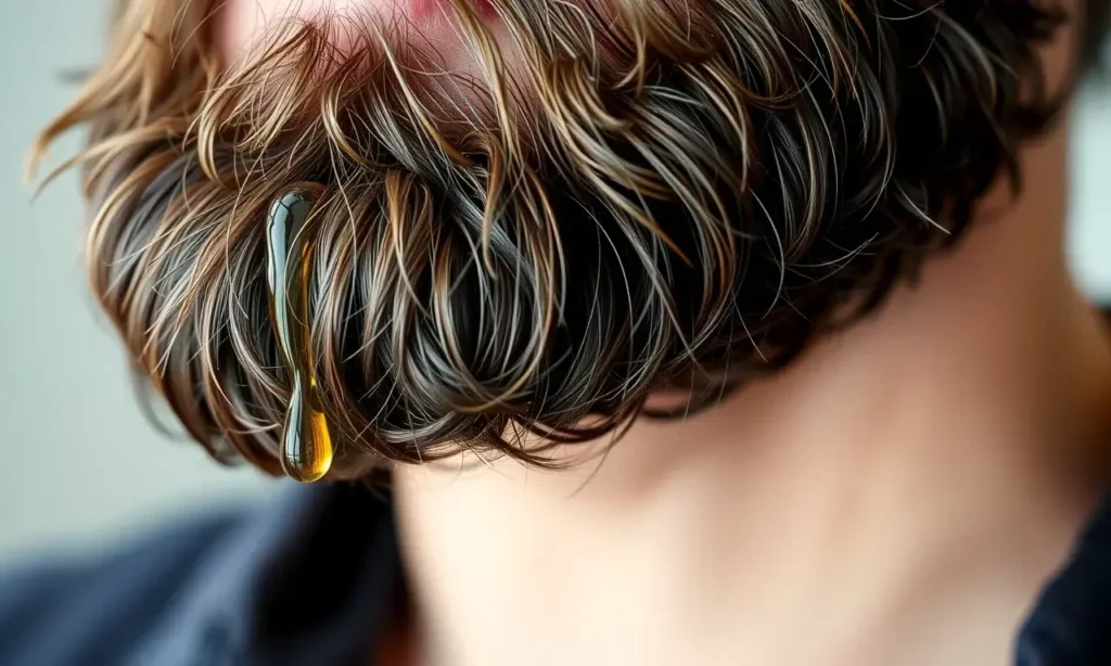 A close-up of a well-groomed man's beard with a few drops of beard oil glistening on the hair, showing a subtle oily sheen but no excessive greasy shine, natural lighting, realistic texture, no text or logos, no extra accessories