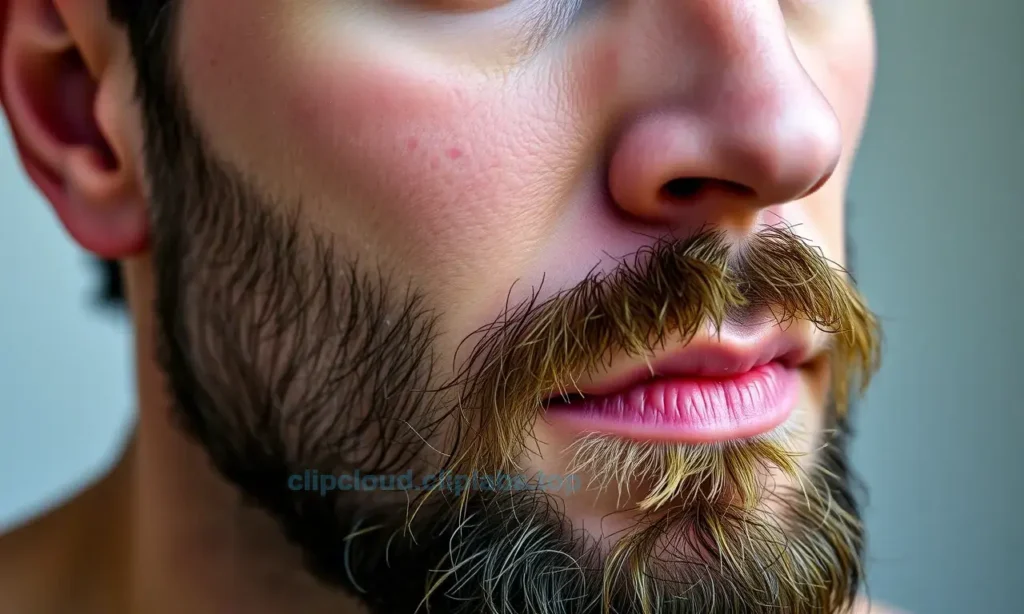 A close-up portrait of a man with a beard, showing dry facial skin, with natural lighting highlighting flaky or rough texture on cheeks and jawline, realistic skin details, neutral background