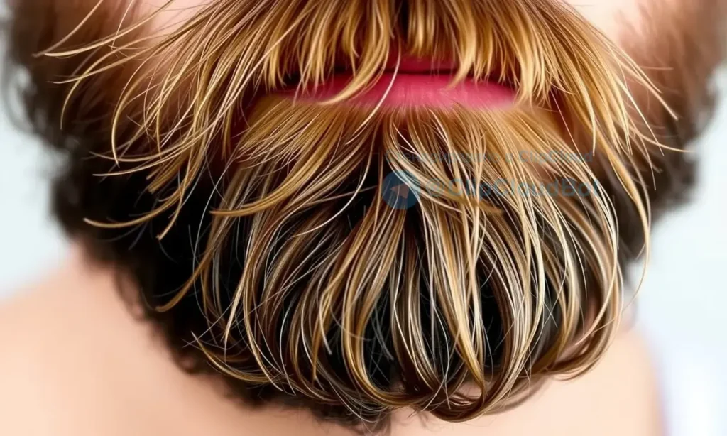 A close-up shot of a man's beard, showing the texture and condition. Half of the beard is treated with beard oil, and the other half with beard wax. The beard oil is glistening, and the wax is holding the beard in a styled shape. Focus on the difference in appearance between the two treatments.