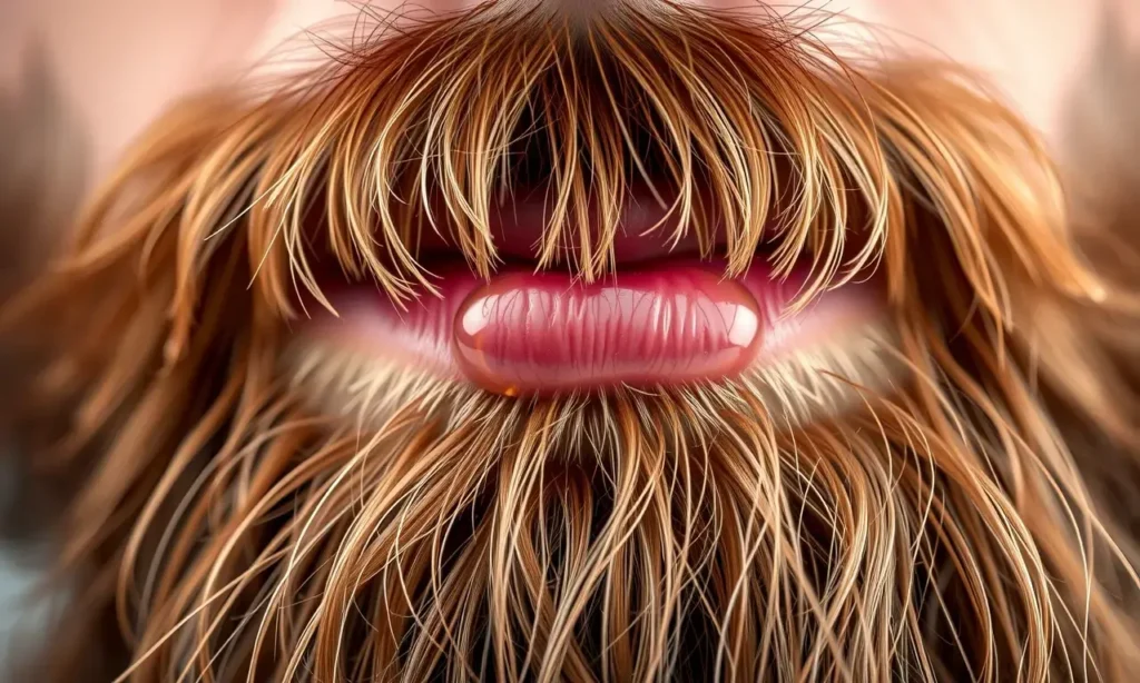 A close-up of a well-groomed man's beard with visible oil droplets sitting on the surface, showing a greasy shine, natural lighting, realistic texture, no text or symbols